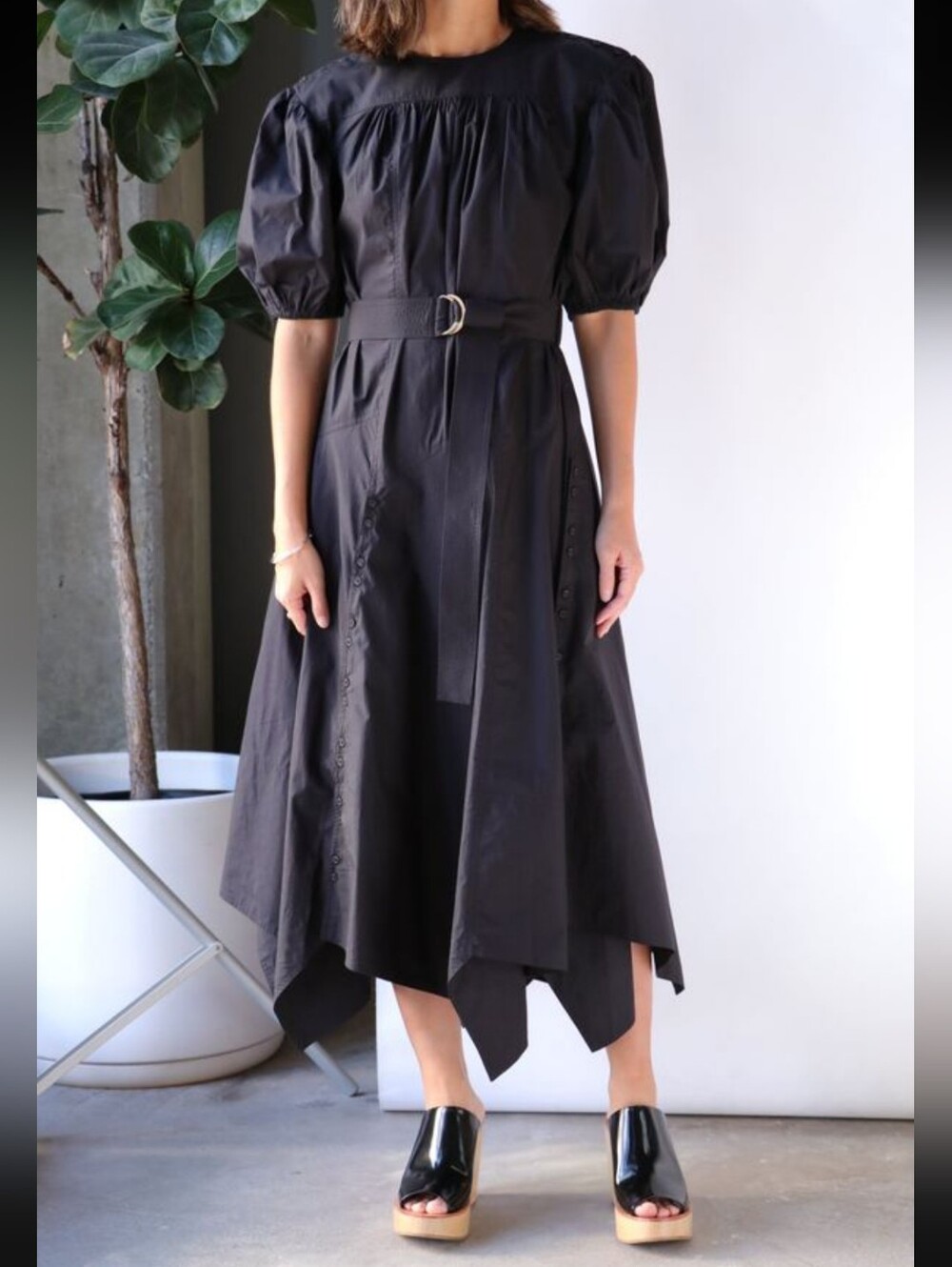 Ulla Johnson Arlenis Dress Midi Pleated Black Puff Sleeve Cotton Poplin Size 0